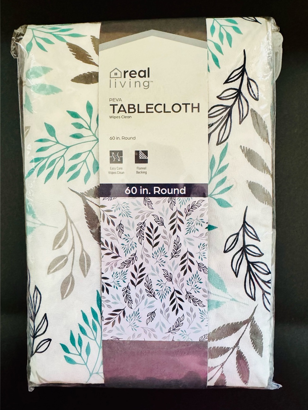 Teal & Gray Leaf PEVA Tablecloth - 60 in. Round, Real Living Tablecloth, New